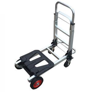 Multifunctional aluminum flatbed truck luggage hand cart 4 rubber wheels heavy duty transportation tool folding trolley