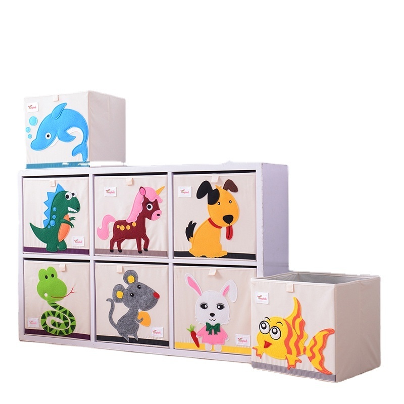 Cute Square Kids Toy Storage Box Foldable Fabric with Animal Embroidery for Baby Clothes Storage