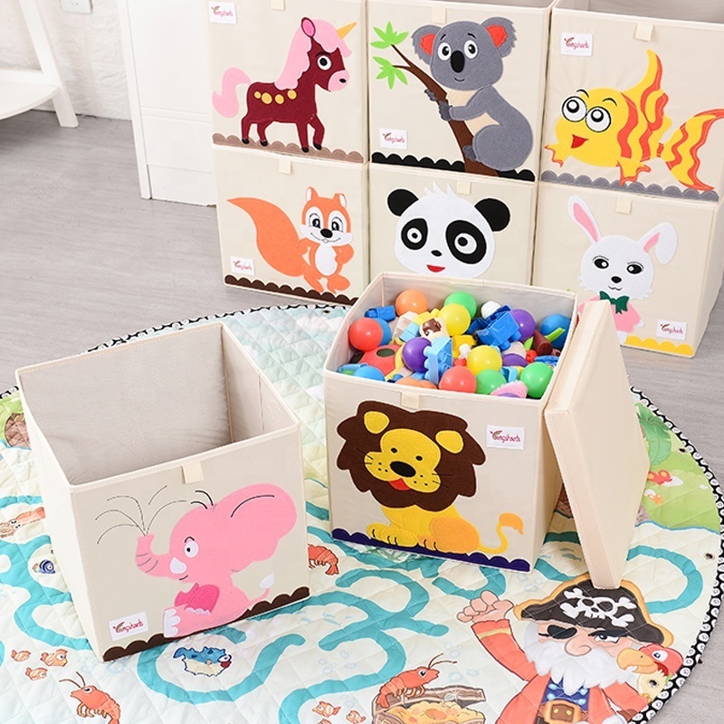 Cute Square Kids Toy Storage Box Foldable Fabric with Animal Embroidery for Baby Clothes Storage