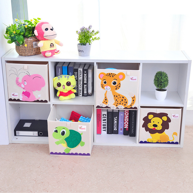 Cute Square Kids Toy Storage Box Foldable Fabric with Animal Embroidery for Baby Clothes Storage