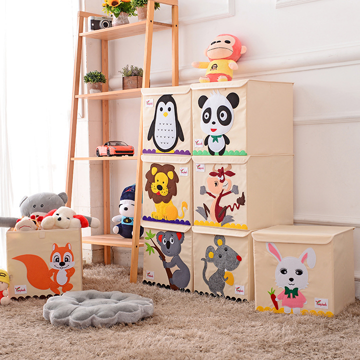 Cute Square Kids Toy Storage Box Foldable Fabric with Animal Embroidery for Baby Clothes Storage