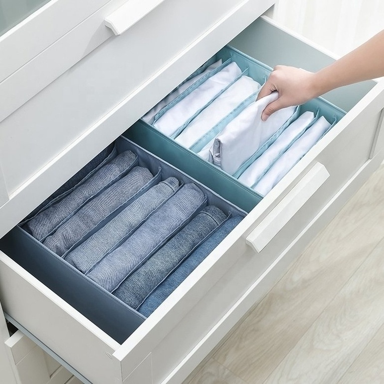 Home Fold-able T-shirt Organizer Drawer 7Grid Clothes Organizer Gray Fabric Container For Organizing Closet