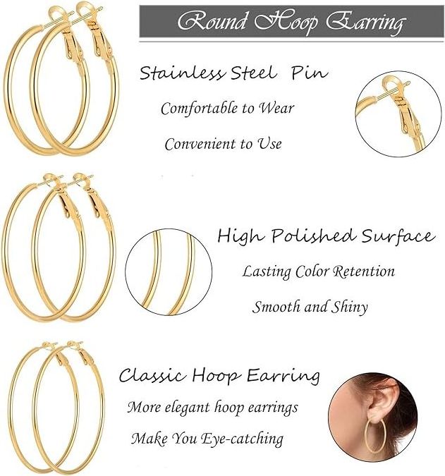 Stainless Steel gold silver Plated Hoop Earrings for Women Girl, Hypoallergenic Hoops Women's Earrings Loop Earrings Set