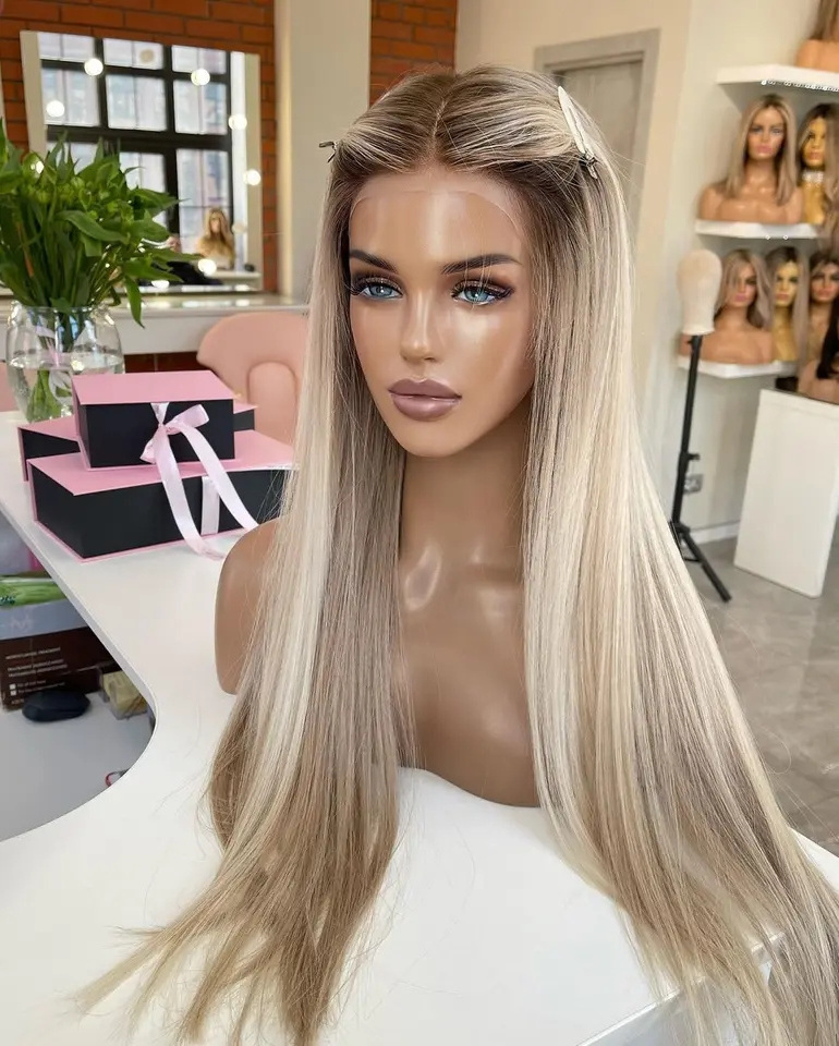 Silk Top Jewish Wig Premium Remy European Human Hair Balayage Blonde Color Lace Front Wig