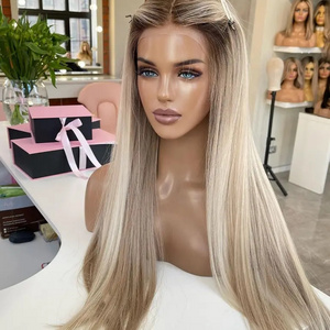 Silk Top Jewish Wig Premium Remy European Human Hair Balayage Blonde Color Lace Front Wig