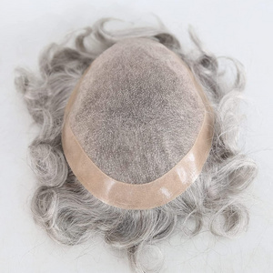 Man Hair Wig Natural Toupee Grey Men's Toupee Human Hair 8x10 #5 Mixed 80% Grey Hair Fine Mono Replacement Hairpiece for Men