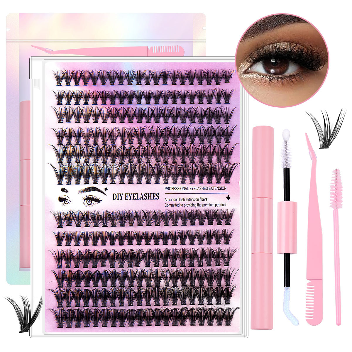 Custom Logo Korean Pbt Individual Segments Lash Glue and Tweezers DIY Eyelash Extensions Cluster Lashes Kit