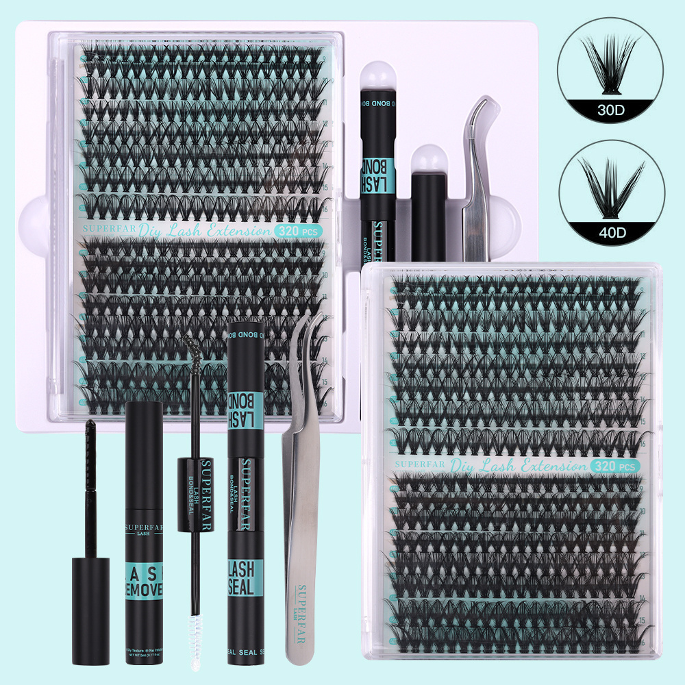 Custom Logo Korean Pbt Individual Segments Lash Glue and Tweezers DIY Eyelash Extensions Cluster Lashes Kit