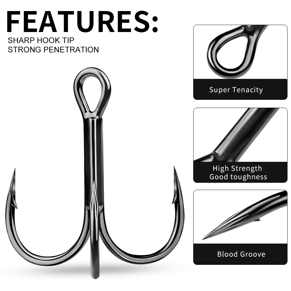 High Carbon Black Nickel Treble Hooks for Freshwater and Saltwater Fishing Strong and Durable