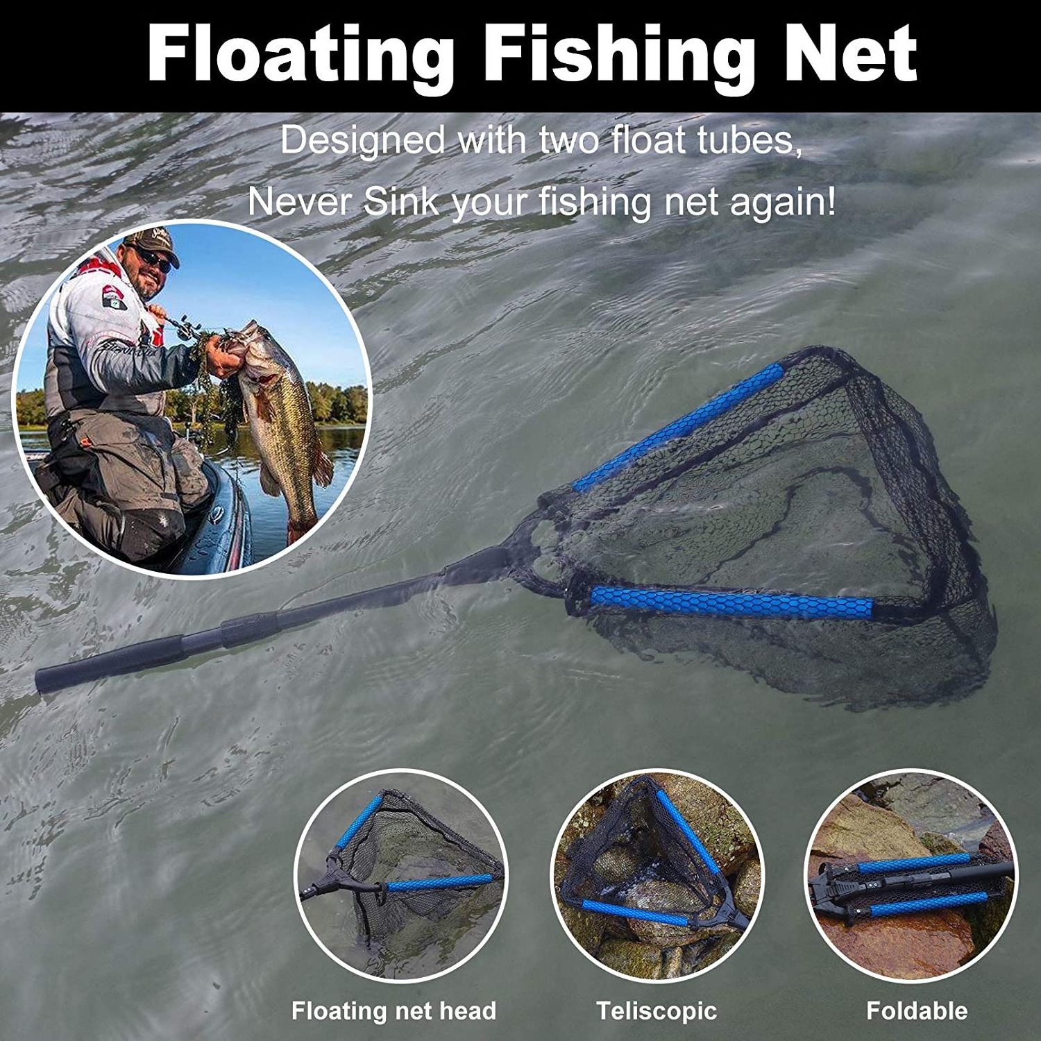 Rubber Coated Freshwater or Saltwater Floating Fishing Nets red de pesca Foldable Telescopic Fly Fishing Carp Koi Landing Net