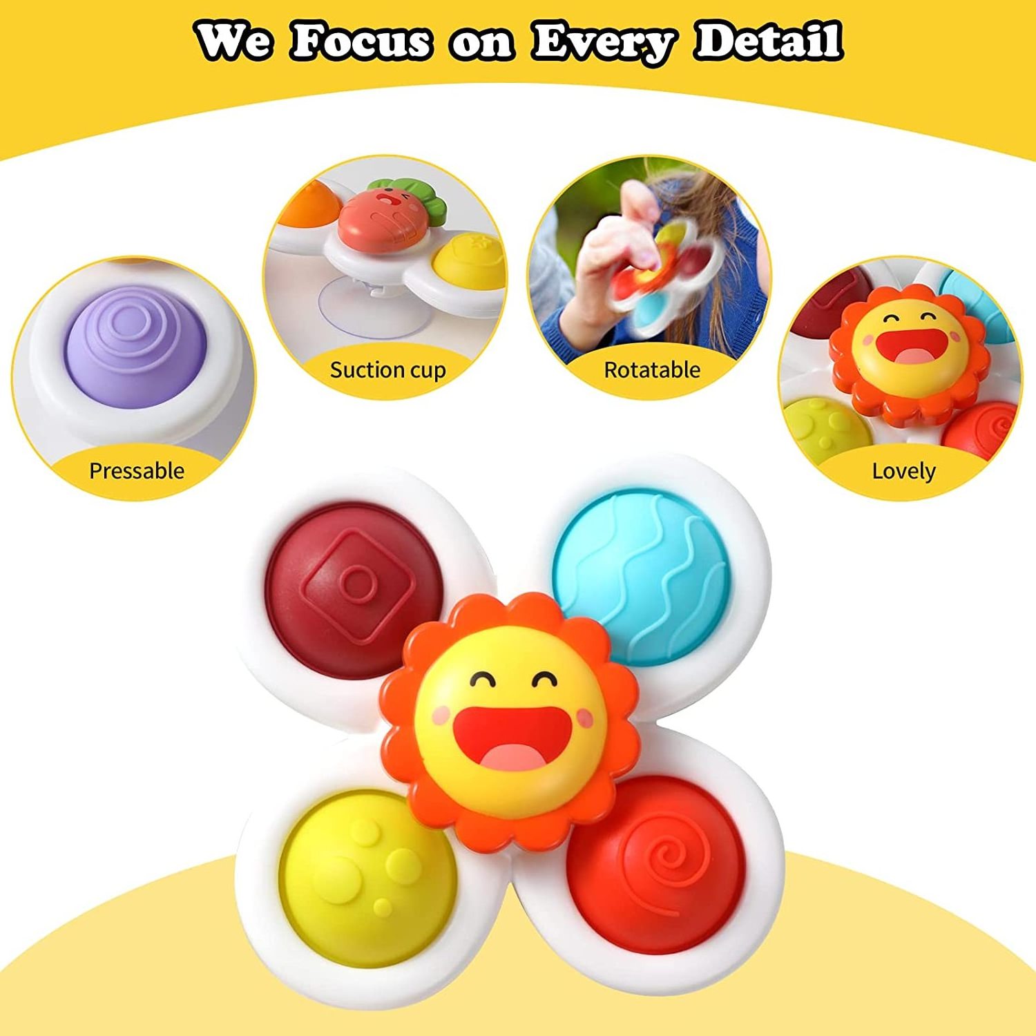 YH Pretty New Creative Design 3pcs Suction Cup Spinner Baby Bath Toys Fidget Sensory Finger Spinner Silicone Suction Cup Toy