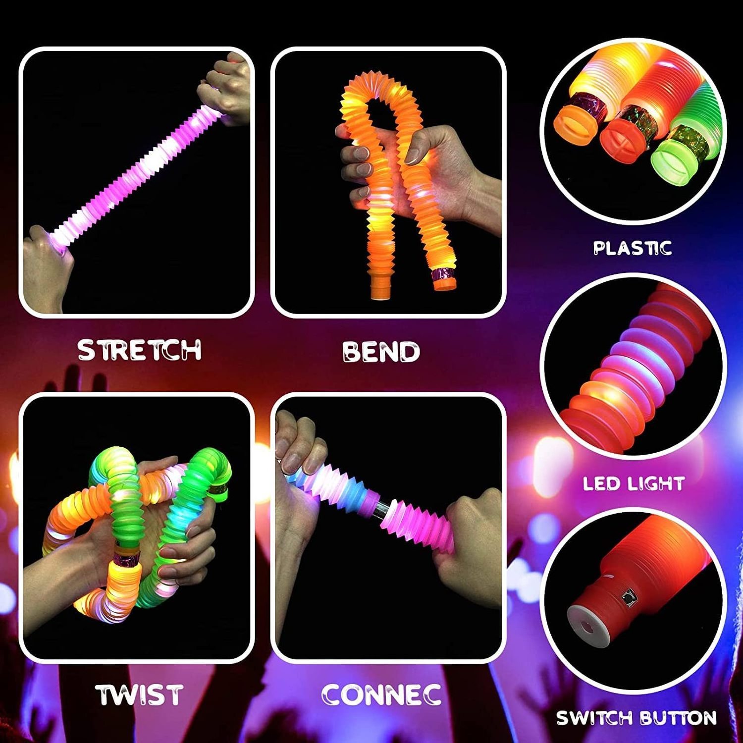 PT127 Lights-Up Toys Fidget Tubes Led Glow In The Dark Party Supplies Sensory Toys For Kids Light Up Pop Tube Fidget Toy Sensory