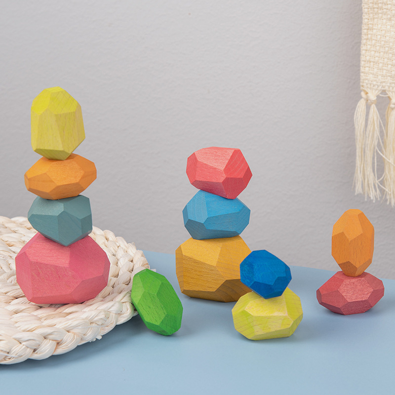 YH Multicolor Wooden Stacking Stones Toys Toddler Balancing Blocks Wood Rocks Stones Preschool Montessori Toys Wooden Block Toy