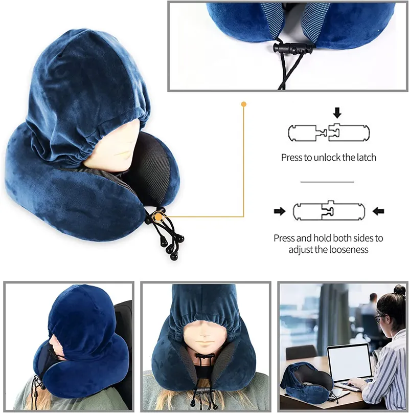 Custom Logo Classic Memory Foam Head and Neck Pillow Travel Neck Pillow with Hood Neck Sleeping Cushion