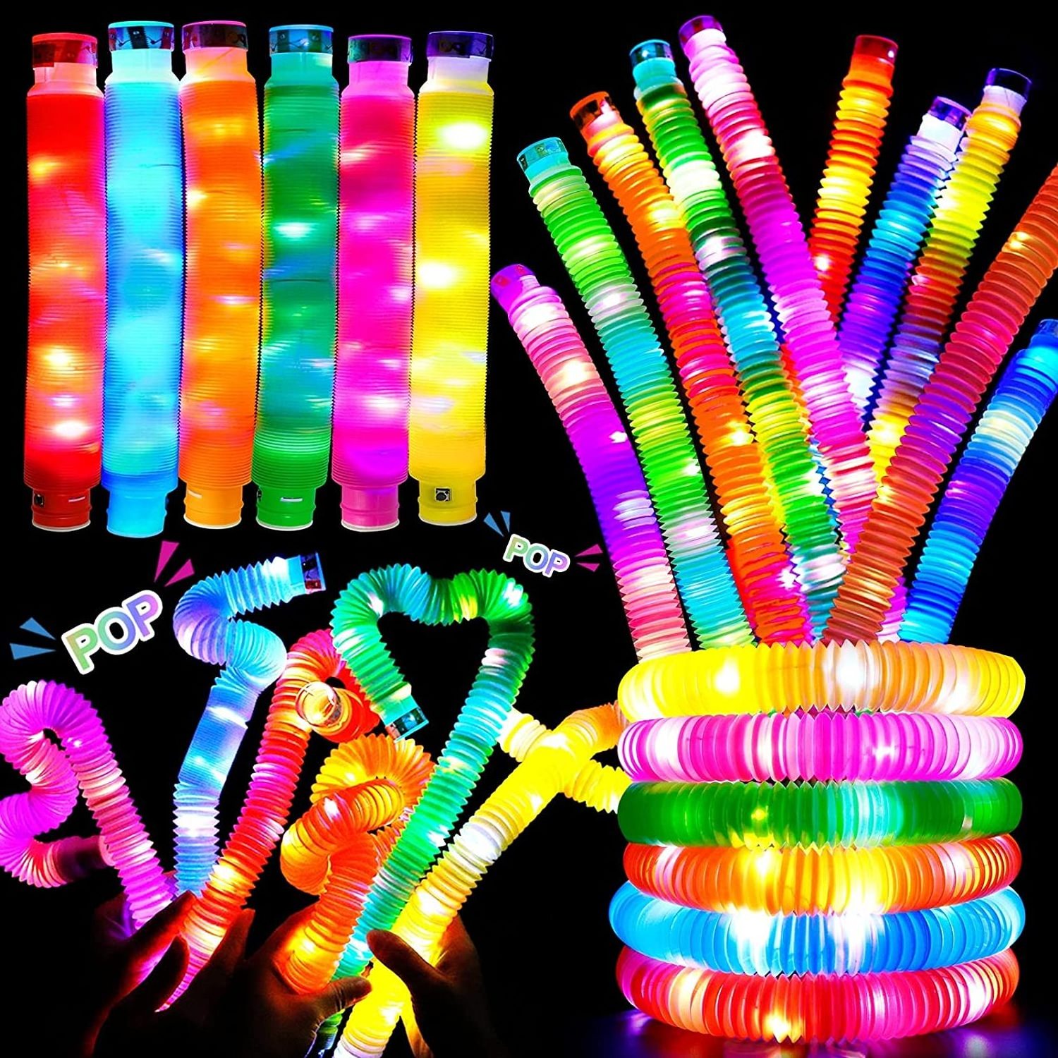 FTZ Trend Products 2024 Plastic Fidget Pop Tube Toys For Kids And Adults Pipe Fidget Sensory Led Light Up Pop Tubes