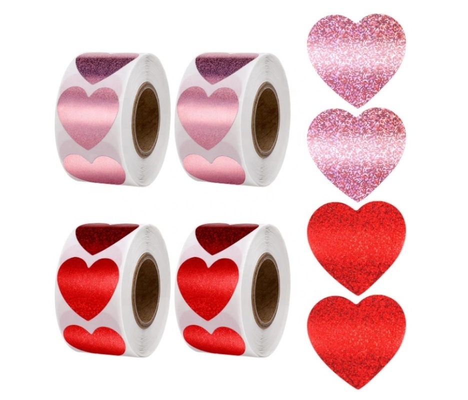 Glitter Pink and Red Heart Stickers Valentines Day Love Labels 500 per Roll Decorative Labels for Envelope Graduation