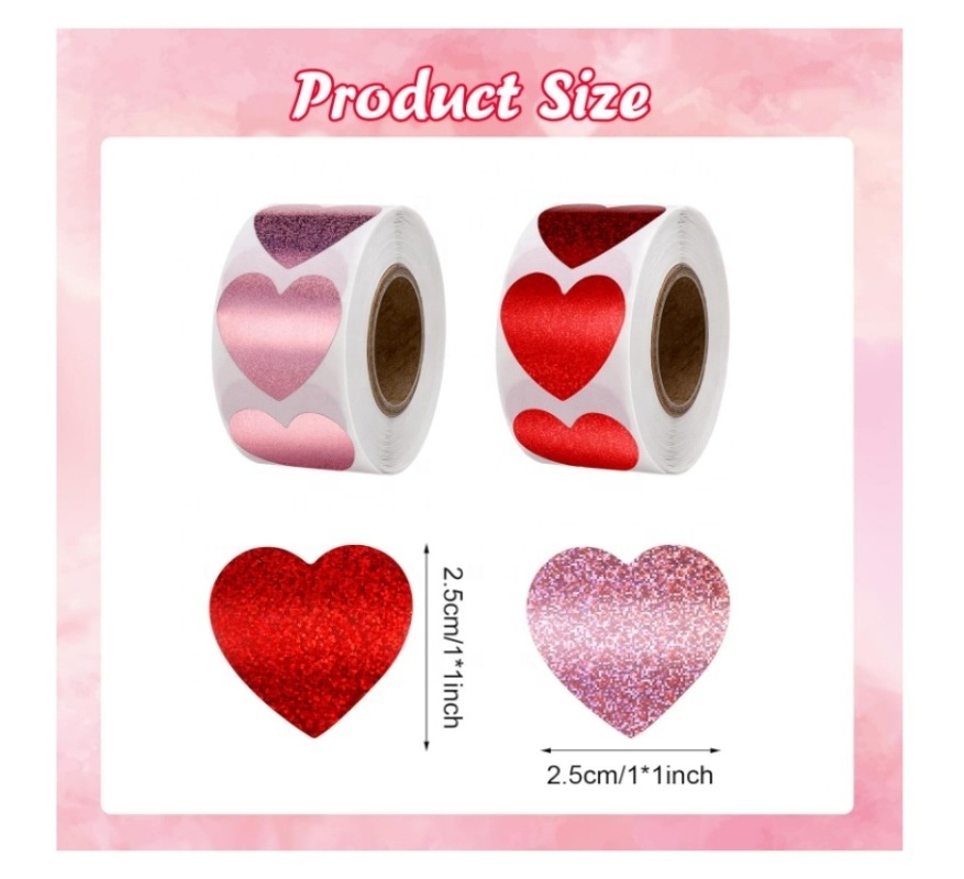 Glitter Pink and Red Heart Stickers Valentines Day Love Labels 500 per Roll Decorative Labels for Envelope Graduation