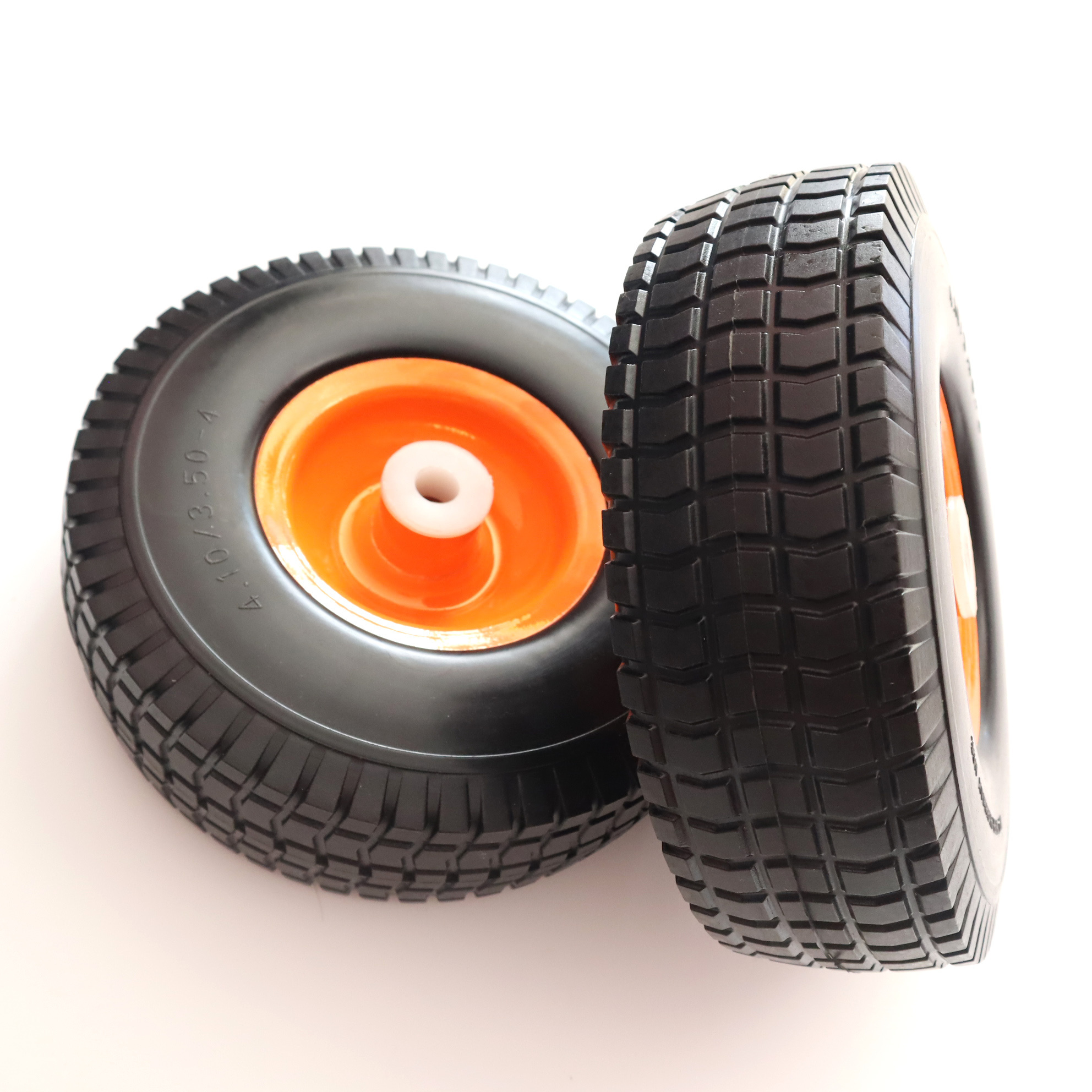 4.10/3.50-4 pu foam wheel  10 inch Flat-Free Tires 3.50-4 Orange Solid Rubber Tire and Wheel Assemblies 5/8 inch Bearings