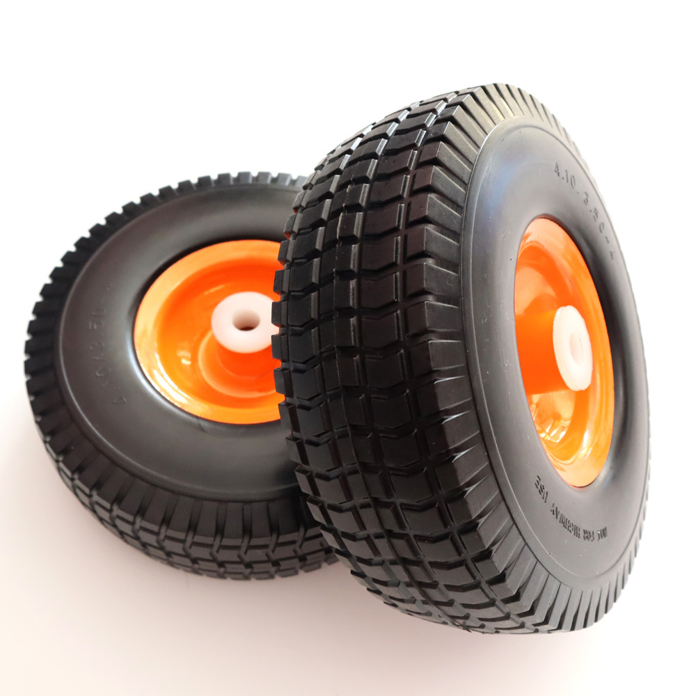 4.10/3.50-4 pu foam wheel  10 inch Flat-Free Tires 3.50-4 Orange Solid Rubber Tire and Wheel Assemblies 5/8 inch Bearings