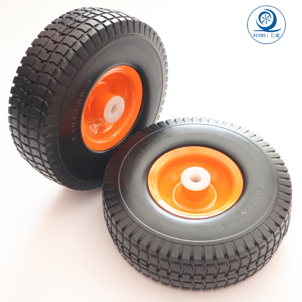 4.10/3.50-4 pu foam wheel  10 inch Flat-Free Tires 3.50-4 Orange Solid Rubber Tire and Wheel Assemblies 5/8 inch Bearings