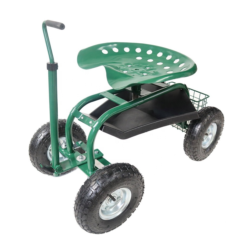 Green Garden Scooter 360 Swivel Seat  Rolling Garden Cart Scooter with Wheels and Tool Tray Chair Planting Yard Lawn Wheels