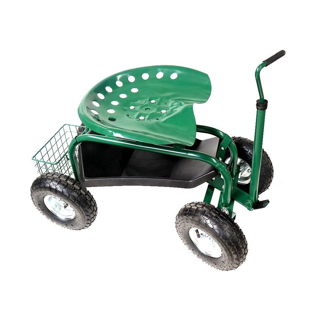 Green Garden Scooter 360 Swivel Seat  Rolling Garden Cart Scooter with Wheels and Tool Tray Chair Planting Yard Lawn Wheels