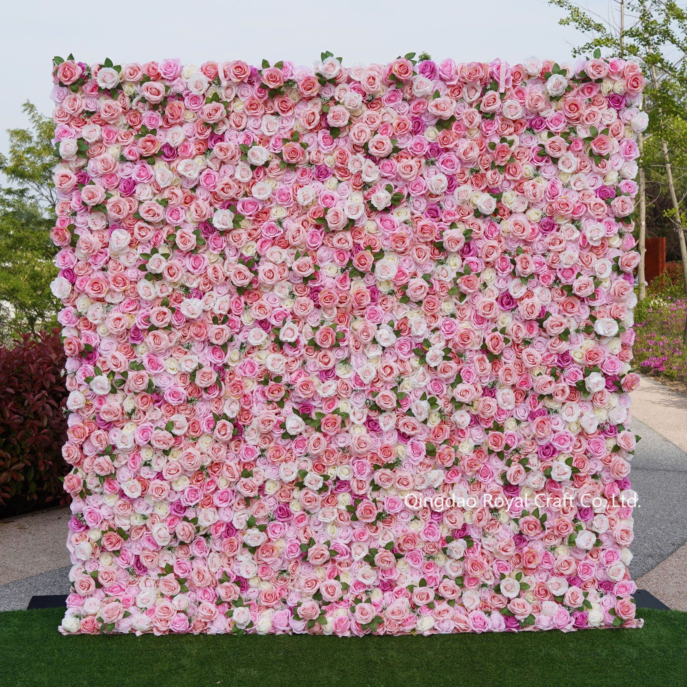 8*8ft Cloth Fabric 3d 5d Roll Up Pink White Wedding Rose Flowers Wall Backdrop Artificial Wall Decoration Flower Wall Panels