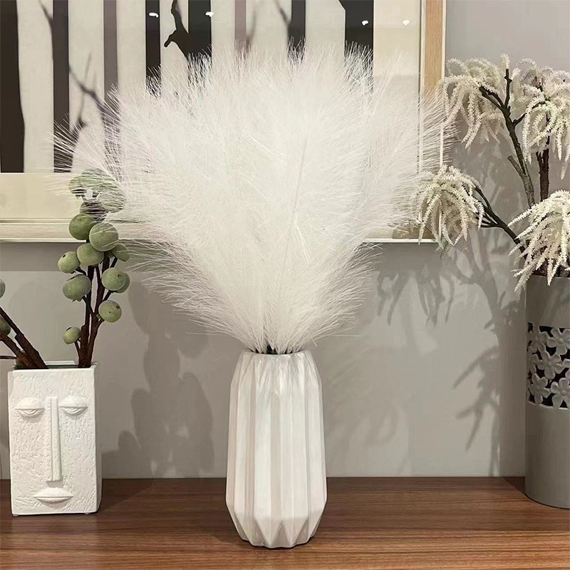 55cm Single branch decorative brown reed pampas stem white artificial faux pampas grass with leaves wedding home decoration