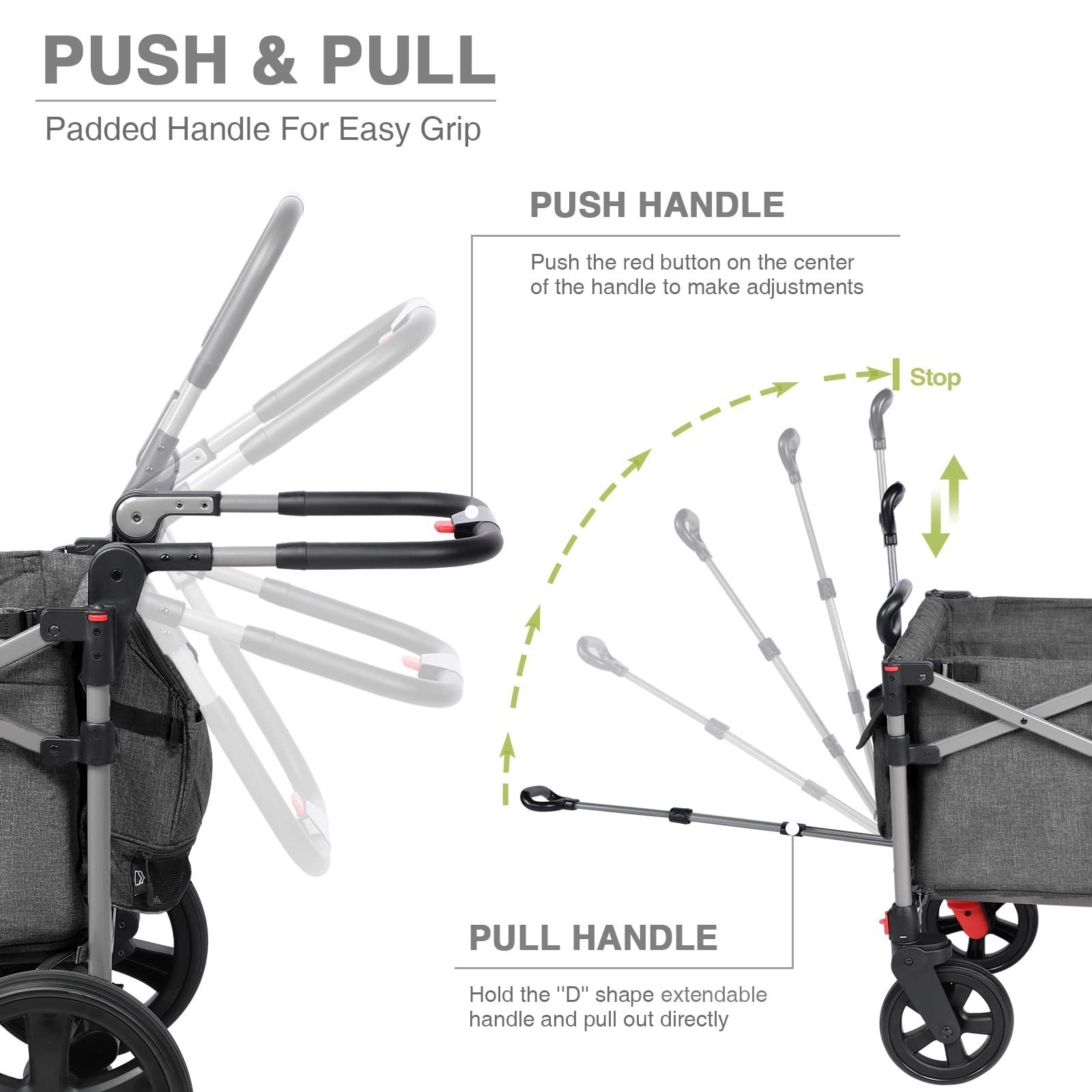 Foldable Wagons for Two Kids & Cargo Collapsible Folding Stroller with Adjustable Handle Bar Removable Canopy