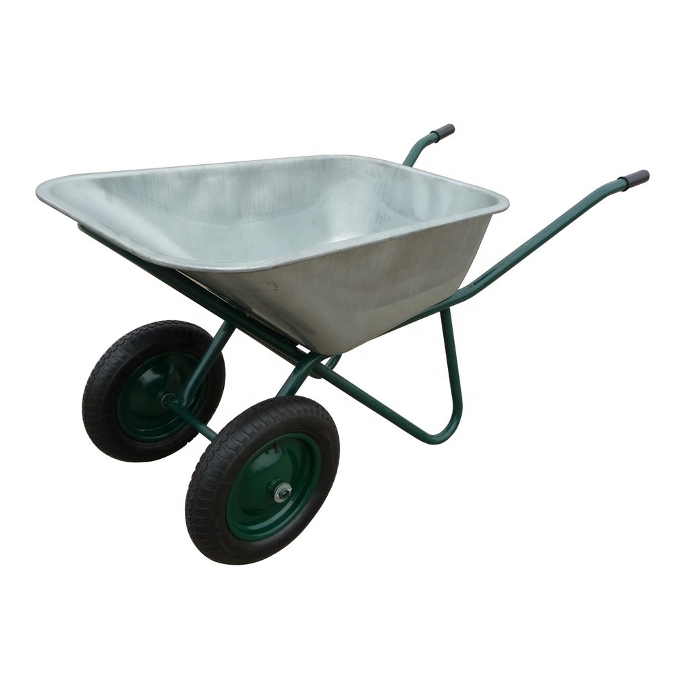 WB6418S Capacity 130KGS 85L Pneumatic Double Wheels Wheelbarrow Stainless Steel Tray Utility Wheelbarrow