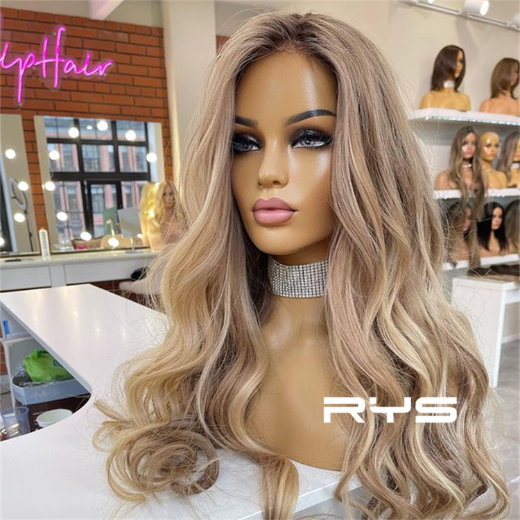 Ash Blonde Highlight balayage human hair wig European Hair Glueless Lace Frontal Double Drawn Small Knot Jewish Kosher Wig