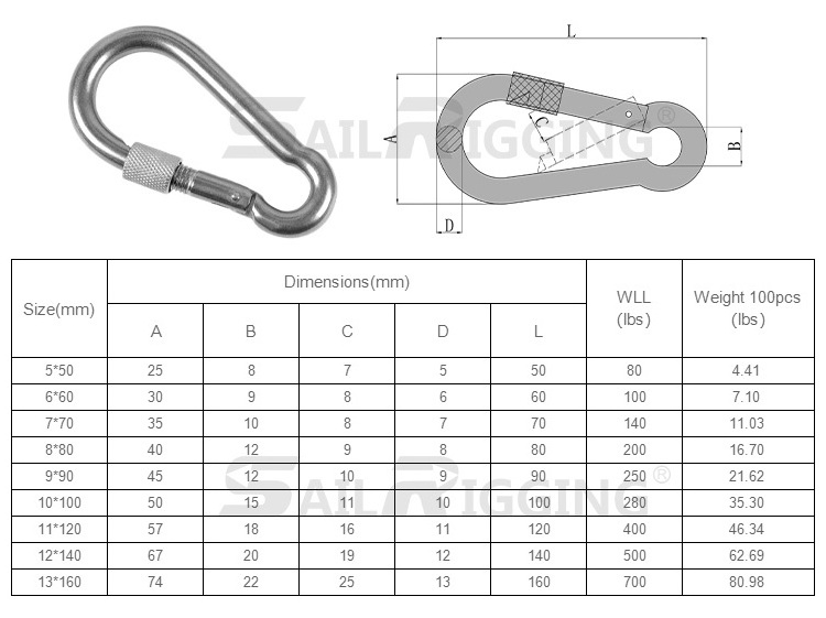 Din5299D Stainless Steel Safety Spring Carabiner Snap Hook With Screw Lock