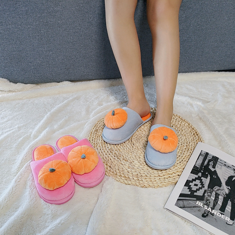 Autumn and winter home cartoon pumpkin flat thick indoor lovers simple style plush warm fruit slippers