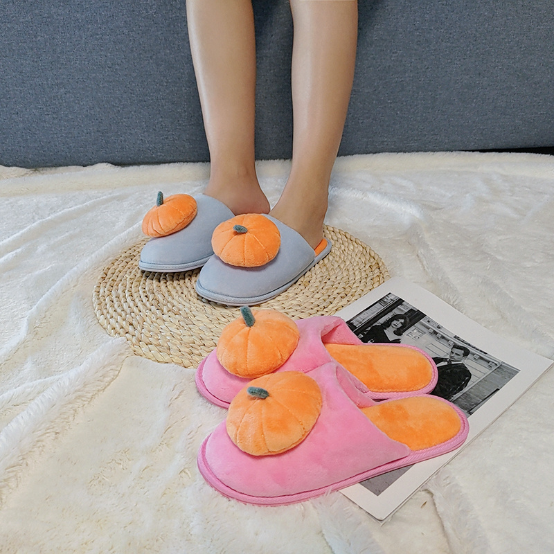 Autumn and winter home cartoon pumpkin flat thick indoor lovers simple style plush warm fruit slippers