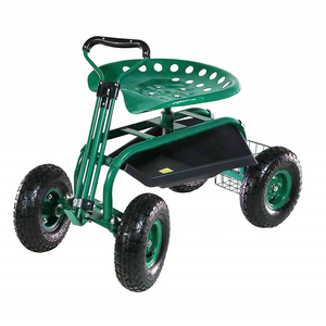 Garden Rolling Work Seat Cart Scooter with on Four Wheels Tool Tray Telescoping Tractor Handle