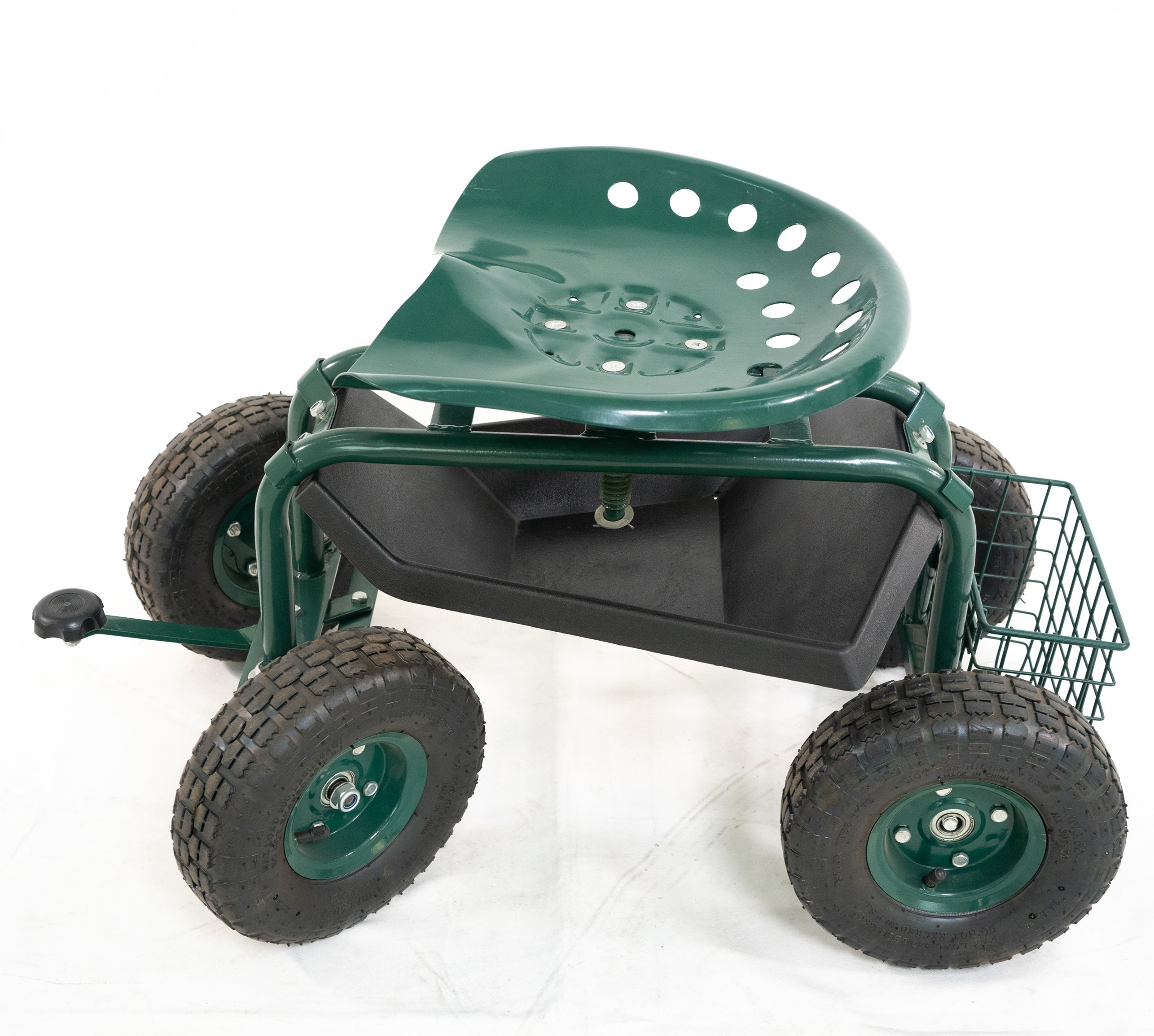 Garden Rolling Work Seat Cart Scooter with on Four Wheels Tool Tray Telescoping Tractor Handle