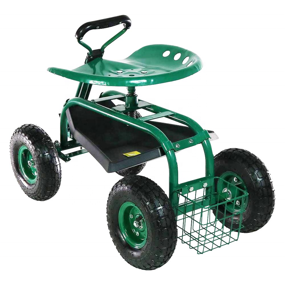 Garden Rolling Work Seat Cart Scooter with on Four Wheels Tool Tray Telescoping Tractor Handle