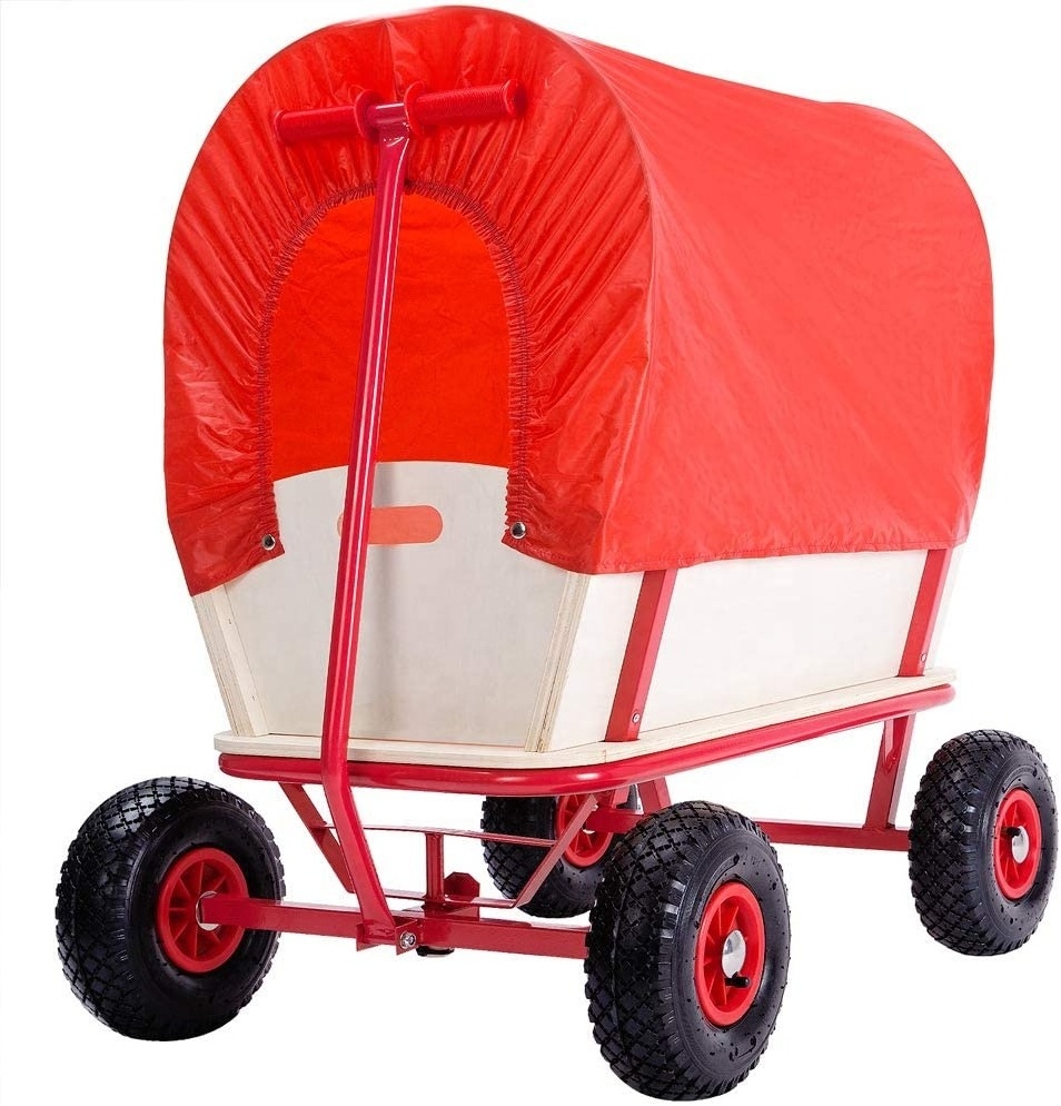 Wagon Kids Garden Cart Trolley Child Toys Games Pull Along Truck Red Canopy