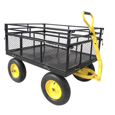 Heavy duty mesh steel garden cart folding utility metal wagon with removable mesh sides for garden farm yard