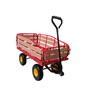 Outdoor Pulling Garden Cart Wood Wagon Railing Utility Garden Cart