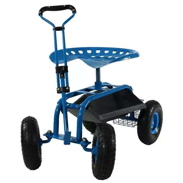 Rolling Garden Cart w/ Steering Handle 360 Swivel Seat & Basket