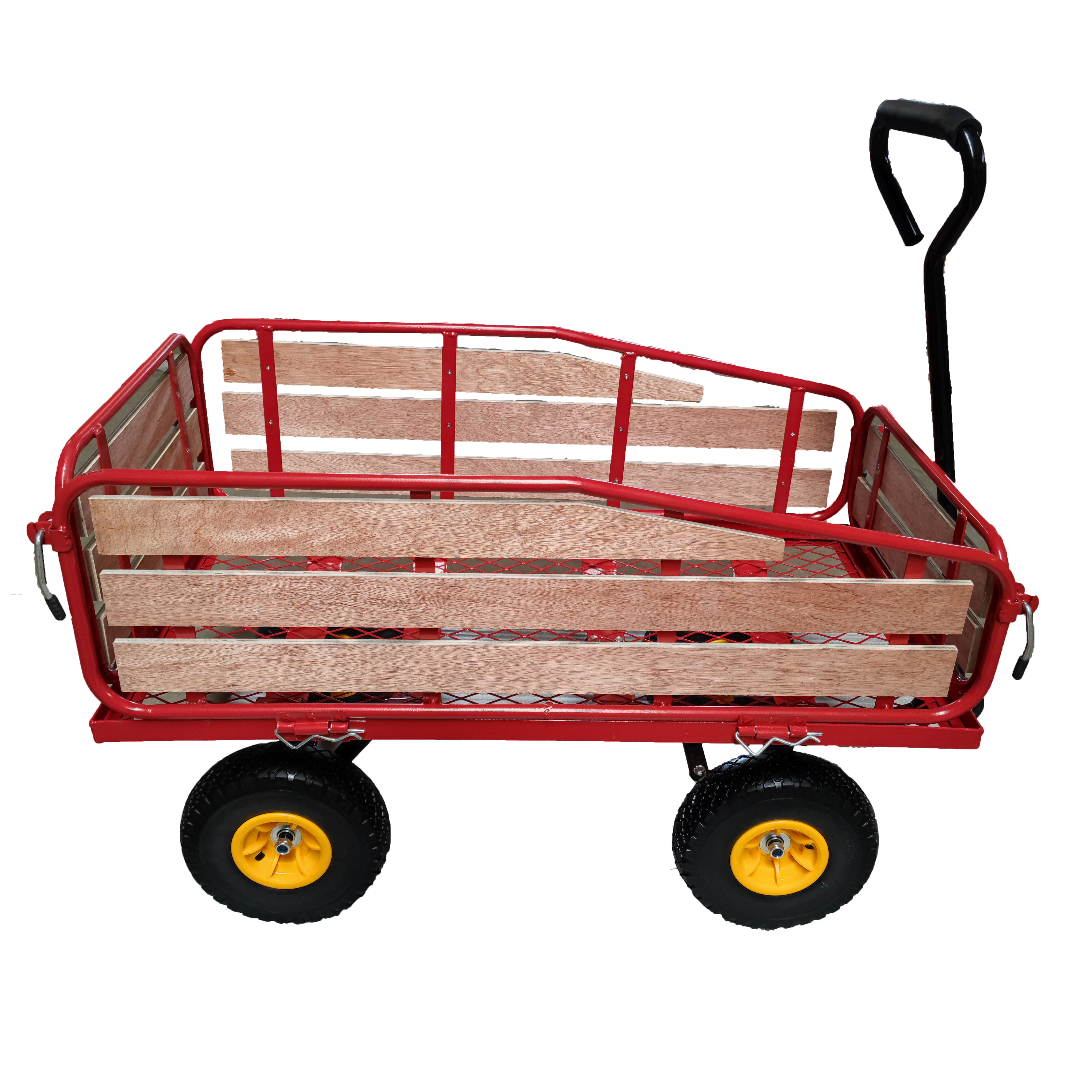 Outdoor Pulling Garden Cart Wood Wagon Railing Utility Garden Cart