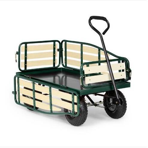 Outdoor Pulling Garden Cart Wood Wagon Railing Utility Garden Cart