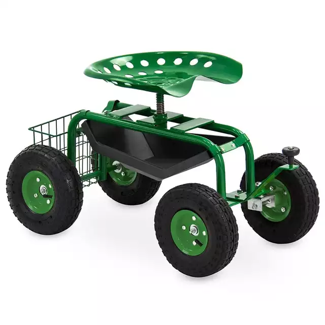 Rolling Garden Cart w/ Steering Handle 360 Swivel Seat & Basket