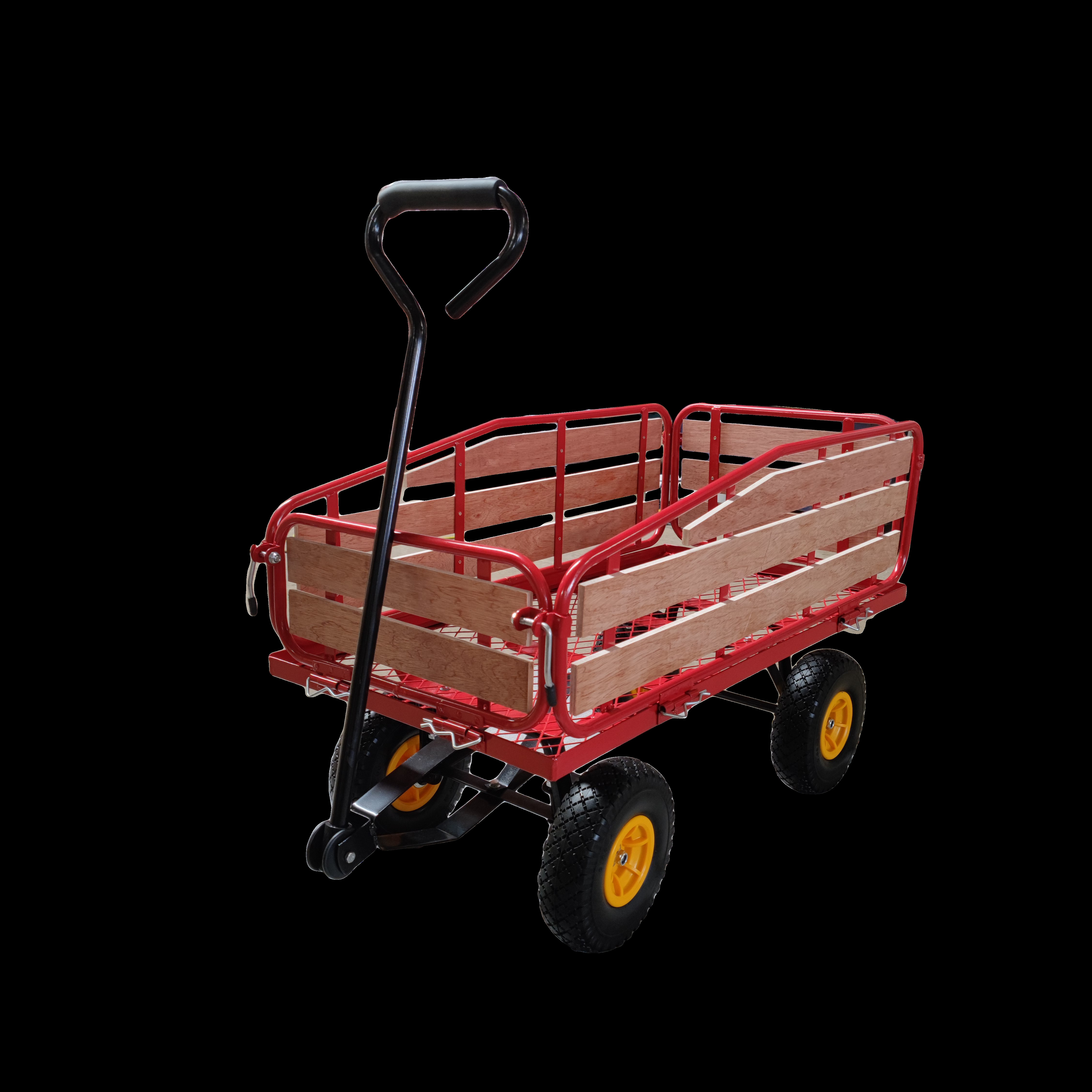 Outdoor Pulling Garden Cart Wood Wagon Railing Utility Garden Cart