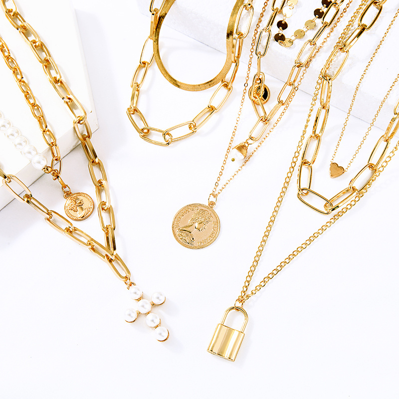 X0912 Cross Coin Padlock Lock Pendant Statement Cuban Link Chain Layered Gold Plated Necklace Women Jewelry Set Collares Mujer