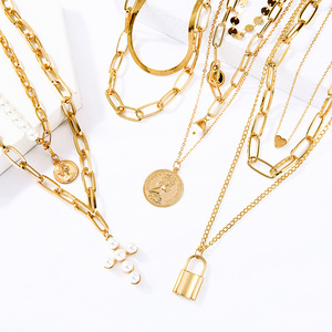 X0912 Cross Coin Padlock Lock Pendant Statement Cuban Link Chain Layered Gold Plated Necklace Women Jewelry Set Collares Mujer