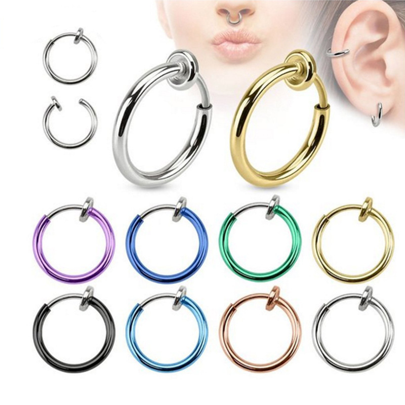 Wholesale Stainless Steel Spring Action Hoop Fakes Septum Clip On Nose Ring Lips Cuff Earrings Non Pierced Piercing Jewelry