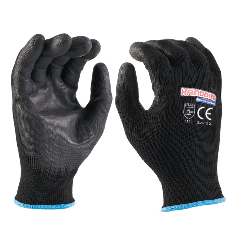 Nylon Knit Bodyguard Construction Builder Industry Assembly Black Polyurethane Grip Palm Fit Coated Work Safety Hand PU Gloves