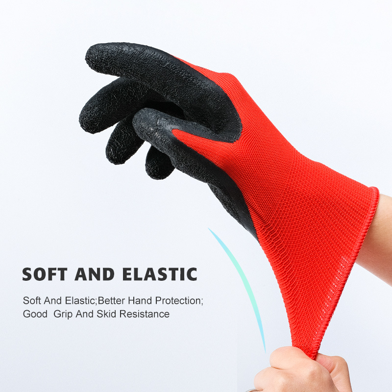 OEM/ODM Non Slip Coating Red Nylon Knit Rubber industrial gloves Palm Coated Crinkle Latex Protection Safety Work Gloves